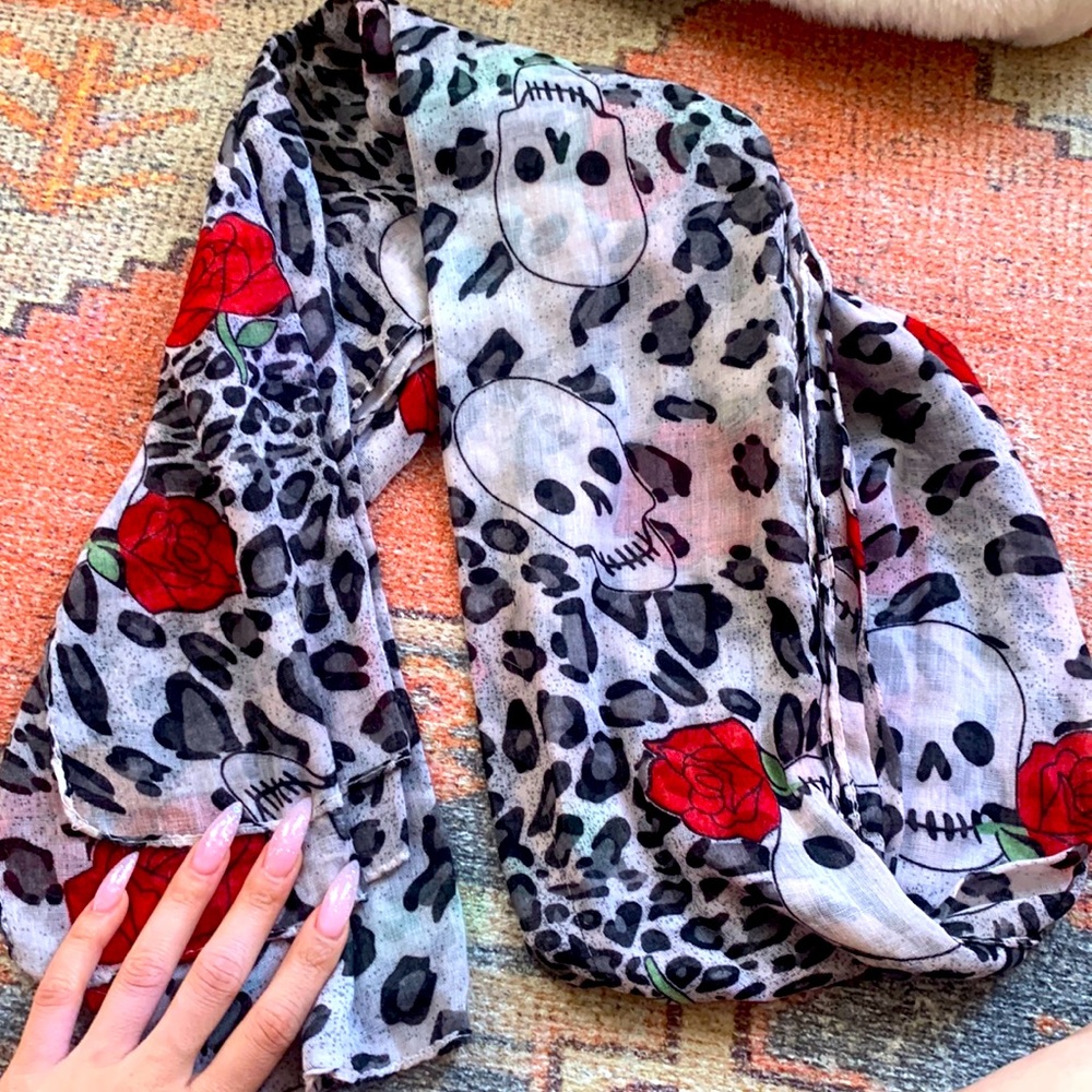 Skeletal Scarf with red roses and grey leopard print